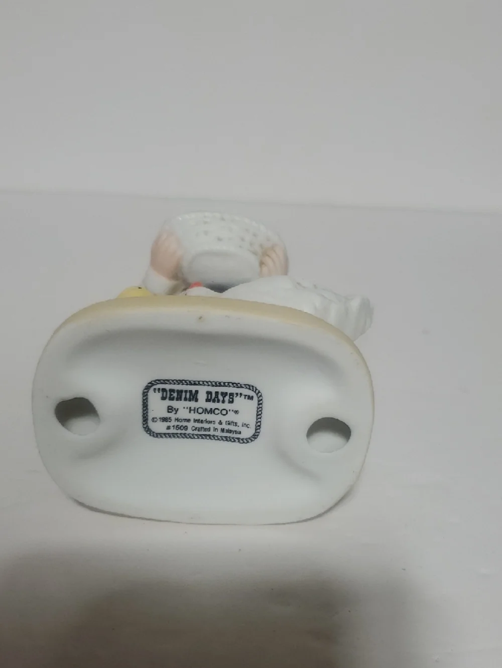 Homco Denim Days White Porcelain Figurine with Blue Overalls and Pink Bow - Picture 2 of 4